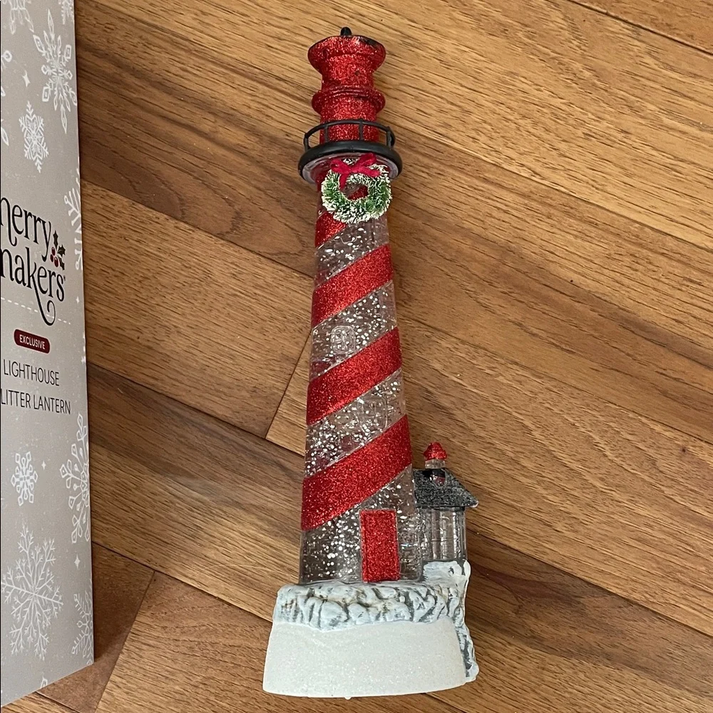 Red and White Lighthouse Glitter Lantern - Picture 3 of 6